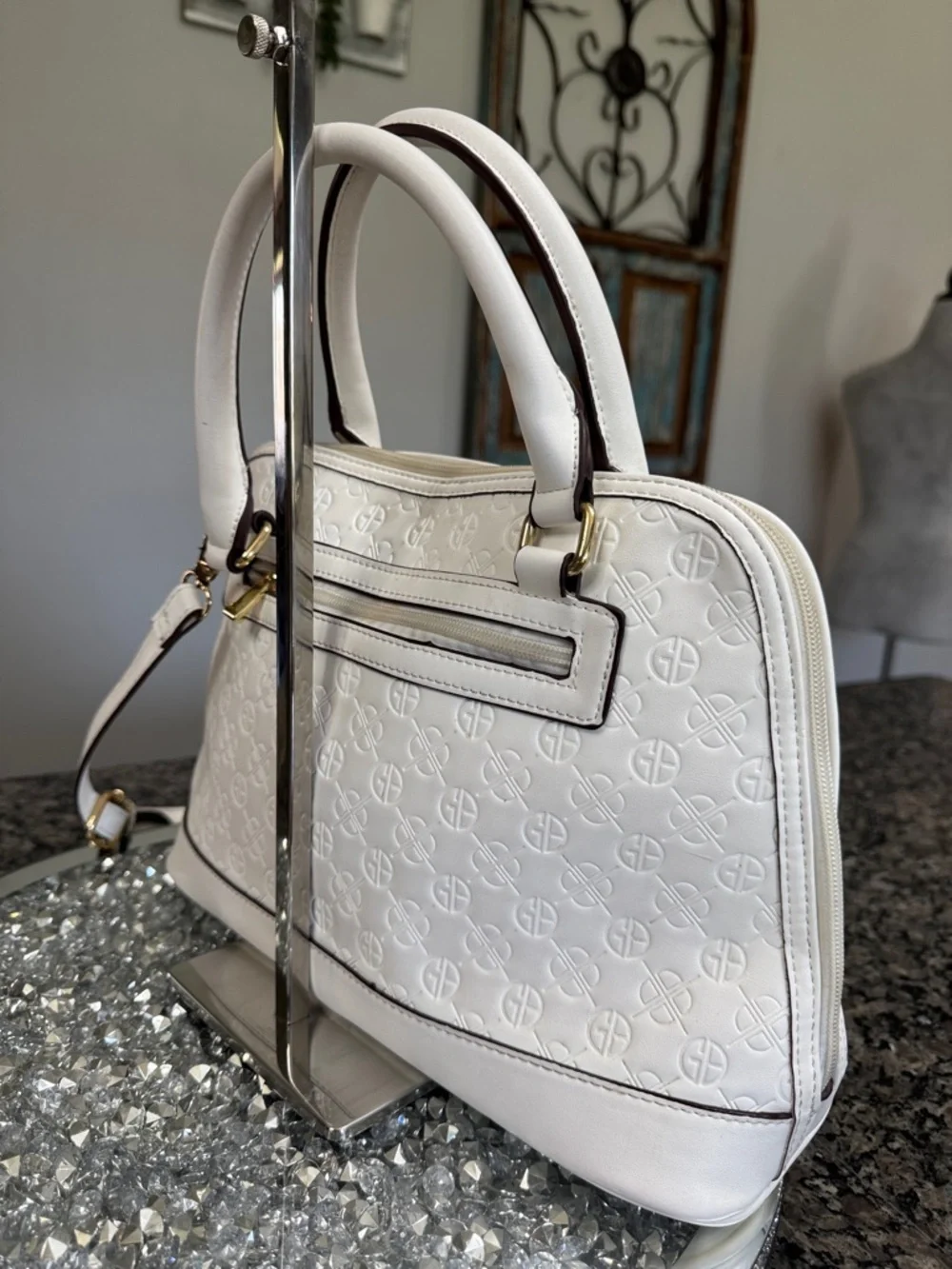 Giani Bernini White Embossed Dome Satchel with Gold Hardware